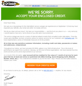 GoDaddy's Apology Email GoDaddy's Apology Email